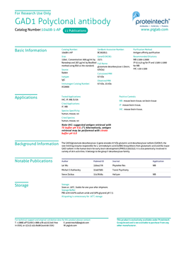 GAD1 Polyclonal Antibody Catalog Number:10408-1-AP 11 Publications