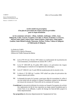 Albi, Le 24 Novembre 2006 Arrêté Relatif À La Prescription D'un Plan De