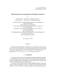 Paper Is the Second in a Series Presenting Absolute and Geometrical Param- Eters of Components in Close Binary Systems from the Sample Deﬁned by Kreiner Et Al