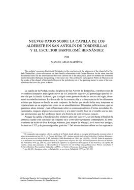 Nuevos Datos Sobre La Capilla De Los Alderete En San Antolín De Tordesillas Y El Escultor Bartolomé Hernández