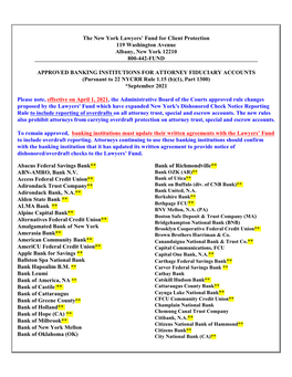 APPROVED BANKING INSTITUTIONS for ATTORNEY FIDUCIARY ACCOUNTS (Pursuant to 22 NYCRR Rule 1.15 (B)(1), Part 1300) *September 2021
