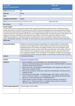Course Title American Television Series USOS Code 0100-ERAL699