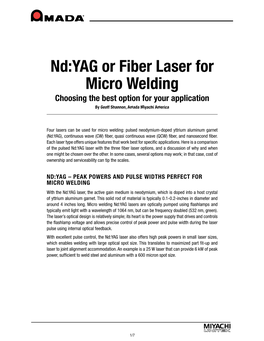 Nd:YAG Or Fiber Laser for Micro Welding Choosing the Best Option for Your Application by Geoff Shannon, Amada Miyachi America