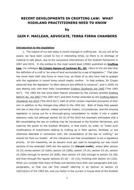 RECENT DEVELOPMENTS in CROFTING LAW: WHAT HIGHLAND PRACTITIONERS NEED to KNOW by IAIN F. MACLEAN, ADVOCATE, TERRA FIRMA CHAMBER