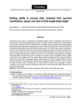 Kicking Ability in Pencak Silat, Reviewed from Eye-Foot Coordination, Speed, and Ratio of Limb Length-Body Height