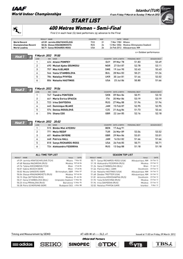 START LIST 400 Metres Women - Semi-Final First 2 in Each Heat (Q) Best Performers (Q) Advance to the Final