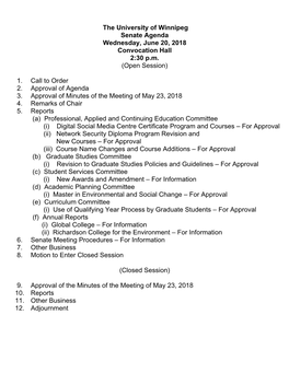 Senate Agenda Wednesday, June 20, 2018 Convocation Hall 2:30 P.M