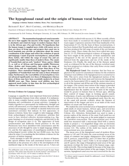 The Hypoglossal Canal and the Origin of Human Vocal Behavior (Language Evolution͞human Evolution͞homo͞pan͞australopithecus)