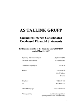 AS TALLINK GRUPP Unaudited Interim Consolidated Condensed