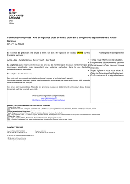 Avis De Vigilance Crues De Niveau Jaune Sur 3 Tronçons Du Département De La Haute- Garonne CP N° 1 De 16H00