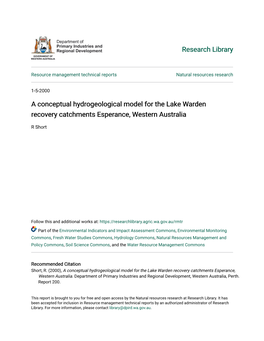 A Conceptual Hydrogeological Model for the Lake Warden Recovery Catchments Esperance, Western Australia