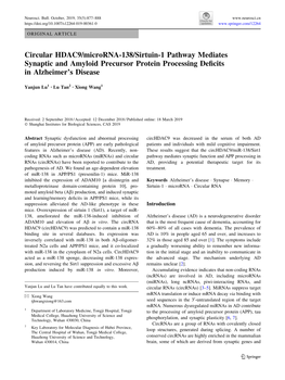 Circular HDAC9/Microrna-138/Sirtuin-1 Pathway Mediates Synaptic and Amyloid Precursor Protein Processing Deﬁcits in Alzheimer’S Disease