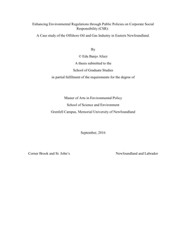 CSR): a Case Study of the Offshore Oil and Gas Industry in Eastern Newfoundland