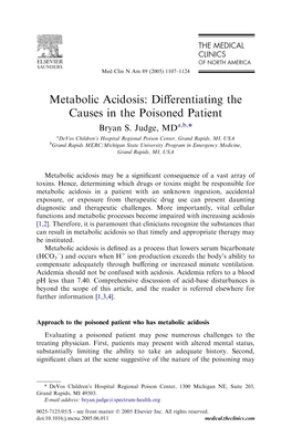 Metabolic Acidosis: Diﬀerentiating the Causes in the Poisoned Patient Bryan S