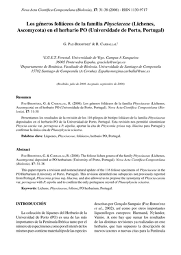 Los Géneros Foliáceos De La Familia Physciaceae (Lichenes, Ascomycota) En El Herbario PO (Universidade De Porto, Portugal)