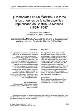 ¿Demócratas En La Mancha? En Torno a Los Orígenes De La Cultura Política Republicana En Castilla-La Mancha (1854-1868)*