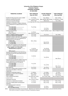 University of the Philippines Visayas Graduate Program ACADEMIC CALENDAR AY 2019-2020