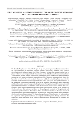 First Mesozoic Mammal from Chile: the Southernmost Record of a Late Cretaceous Gondwanatherian