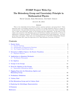 FUSRP Project Write-Up: the Heisenberg Group and Uncertainty