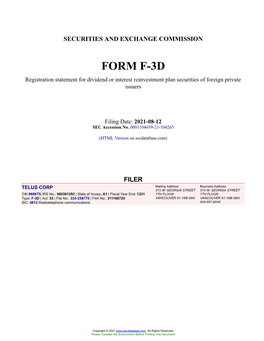 TELUS CORP Form F-3D Filed 2021-08-12