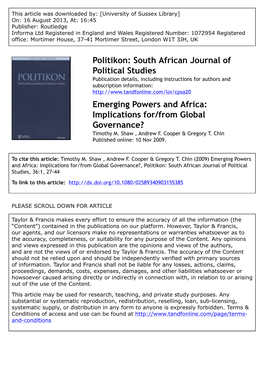 Emerging Powers and Africa: Implications For/From Global Governance? Timothy M