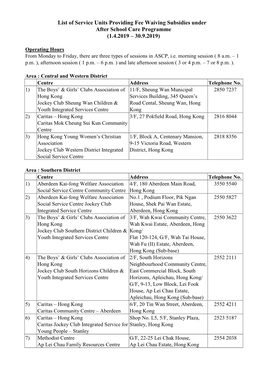 List of Service Units Providing Fee Waiving Subsidy Under ASCP