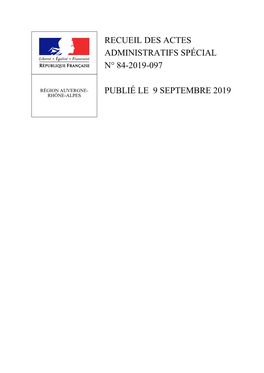 Recueil Des Actes Administratifs Spécial N° 84-2019-097 Publié Le 9 Septembre 2019