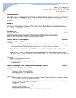 GREGG C. COOPER 175 Chickasaw Ave., Pittsburgh, PA 15237, 412.874.3675 Gcooper@Greggcooper.Com