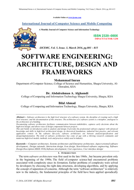 Software Engineering: Architecture, Design and Frameworks