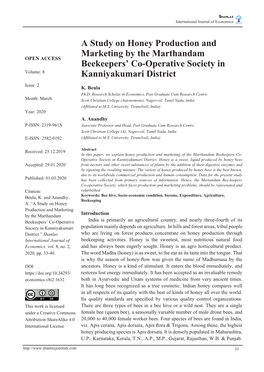 A Study on Honey Production and Marketing by the Marthandam Beekeepers' Co-Operative Society in Kanniyakumari District