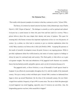 Nora Guschwan Biology 182 H Essay Submitted: April 13, 2005 the Melanism Wars “The Trouble with Classical Examples of Evolutio