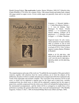 Handel, George Frideric. the Vocal Works. London : Button, Whitaker; 1809-1817