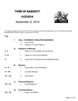 TOWN of HARDISTY AGENDA September 9, 2014