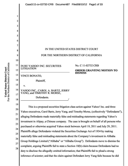 Vince Bonato, Et Al. V. Yahoo! Inc., Et Al. 11-CV-02732-Order Granting