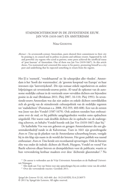 Stadsdichterschap in De Zeventiende Eeuw. Jan Vos (1610-1667) En Amsterdam