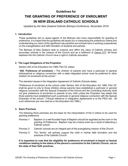 THE GRANTING of PREFERENCE of ENROLMENT in NEW ZEALAND CATHOLIC SCHOOLS Updated by the New Zealand Catholic Bishops Conference, November 2018
