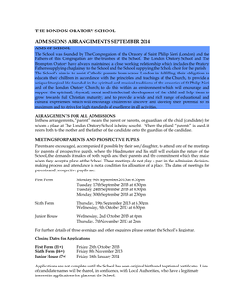 The London Oratory School Admissions Arrangements