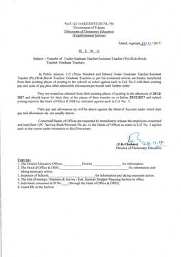 No.F.1(2-1)-DEE/ESTT/2017(L-70) Government of Tripura Directorate of Elementary Education (Esstablishment Section)