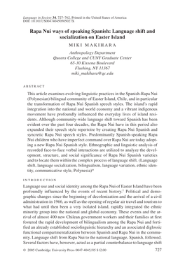 Rapa Nui Ways of Speaking Spanish: Language Shift and Socialization On