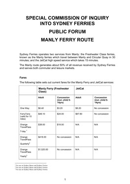 Special Commission of Inquiry Into Sydney Ferries Public Forum Manly Ferry Route