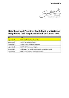 Neighbourhood Planning: South Bank and Waterloo Neighbours Draft Neighbourhood Plan Submission