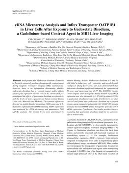 Cdna Microarray Analysis and Influx Transporter OATP1B1 in Liver Cells After Exposure to Gadoxetate Disodium, a Gadolinium-Based