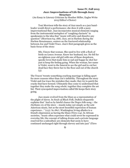 Jazz: Improvisations of Life Through Jazzy Structure (An Essay in Literary Criticism by Heather Miller, Eagles Write 2015 Editor’S Choice)