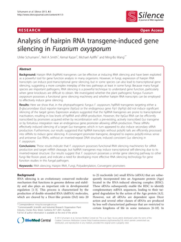 Analysis of Hairpin RNA Transgene-Induced Gene Silencing in Fusarium Oxysporum Ulrike Schumann1, Neil a Smith1, Kemal Kazan2, Michael Ayliffe1 and Ming-Bo Wang1*