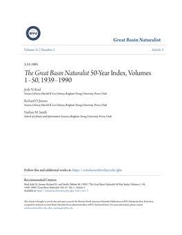 The Great Basin Naturalist 50-Year Index, Volumes 1–50, 1939–1990 Jody N