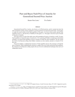 Pure and Bayes-Nash Price of Anarchy for Generalized Second Price Auction
