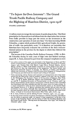 To Injure Its Own Interests5': the Grand Trunk Pacific Railway Company and the Blighting of Hazelton District, 191O-1918*