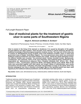 Use of Medicinal Plants for the Treatment of Gastric Ulcer in Some Parts of Southwestern Nigeria