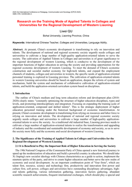 Research on the Training Mode of Applied Talents in Colleges and Universities for the Regional Development of Western Liaoning L