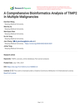 A Comprehensive Bioinformatics Analysis of TIMP2 in Multiple Malignancies